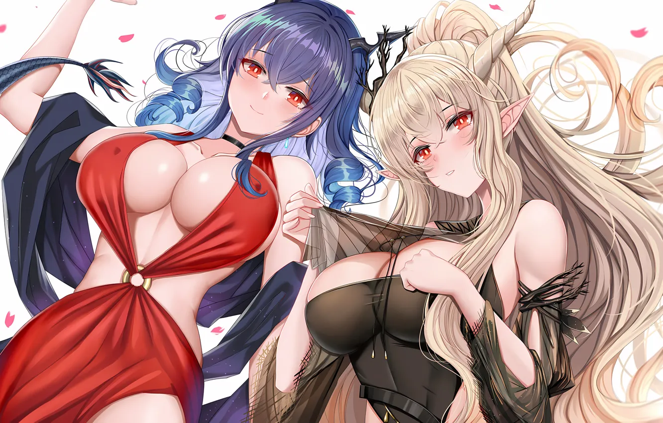 Photo wallpaper sexy, cleavage, horns, long hair, dress, girls, boobs, anime