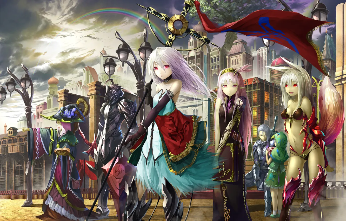 Photo wallpaper the sky, girl, clouds, the city, weapons, rainbow, sword, hat