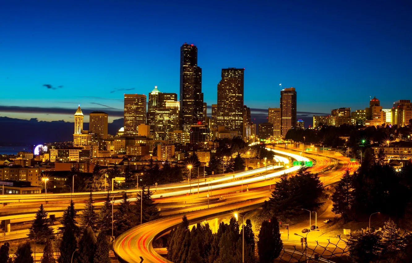Photo wallpaper night, the city, lights, street, skyscrapers, USA, Seattle, Washington