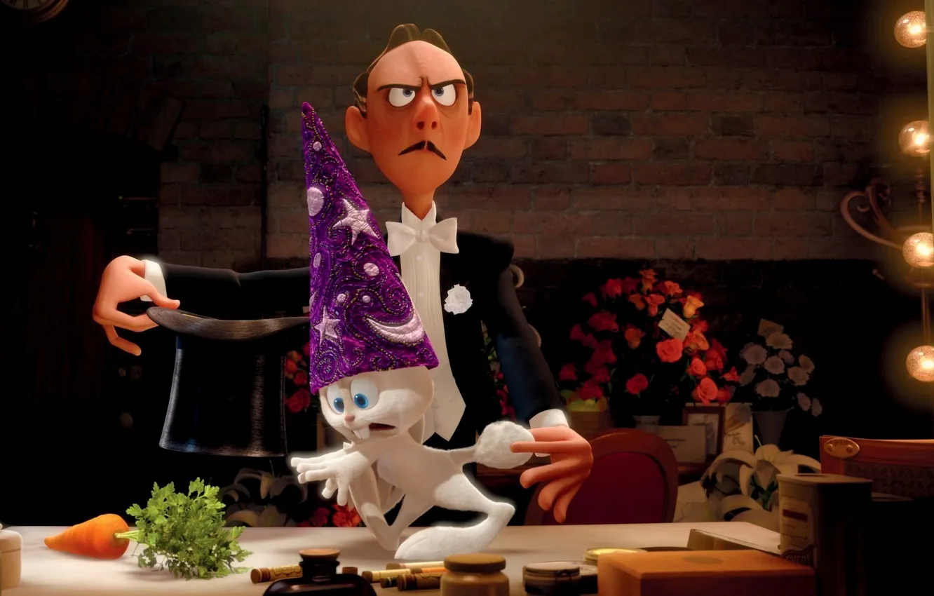 Photo wallpaper flowers, cartoon, roses, hat, carrot, rabbit, Pixar, presto