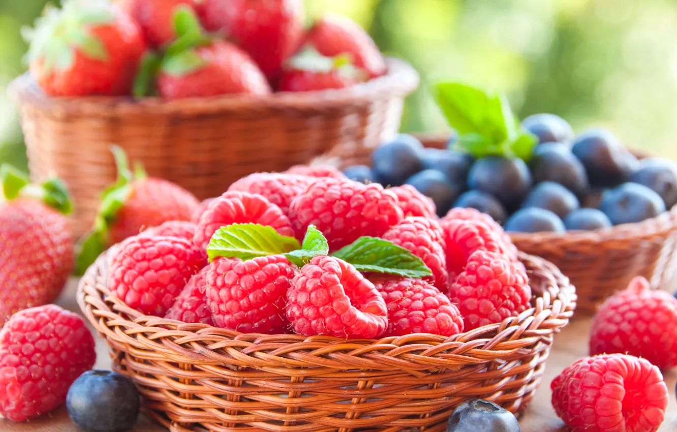 Photo wallpaper berries, raspberry, blueberries, strawberry, basket, fresh, berries