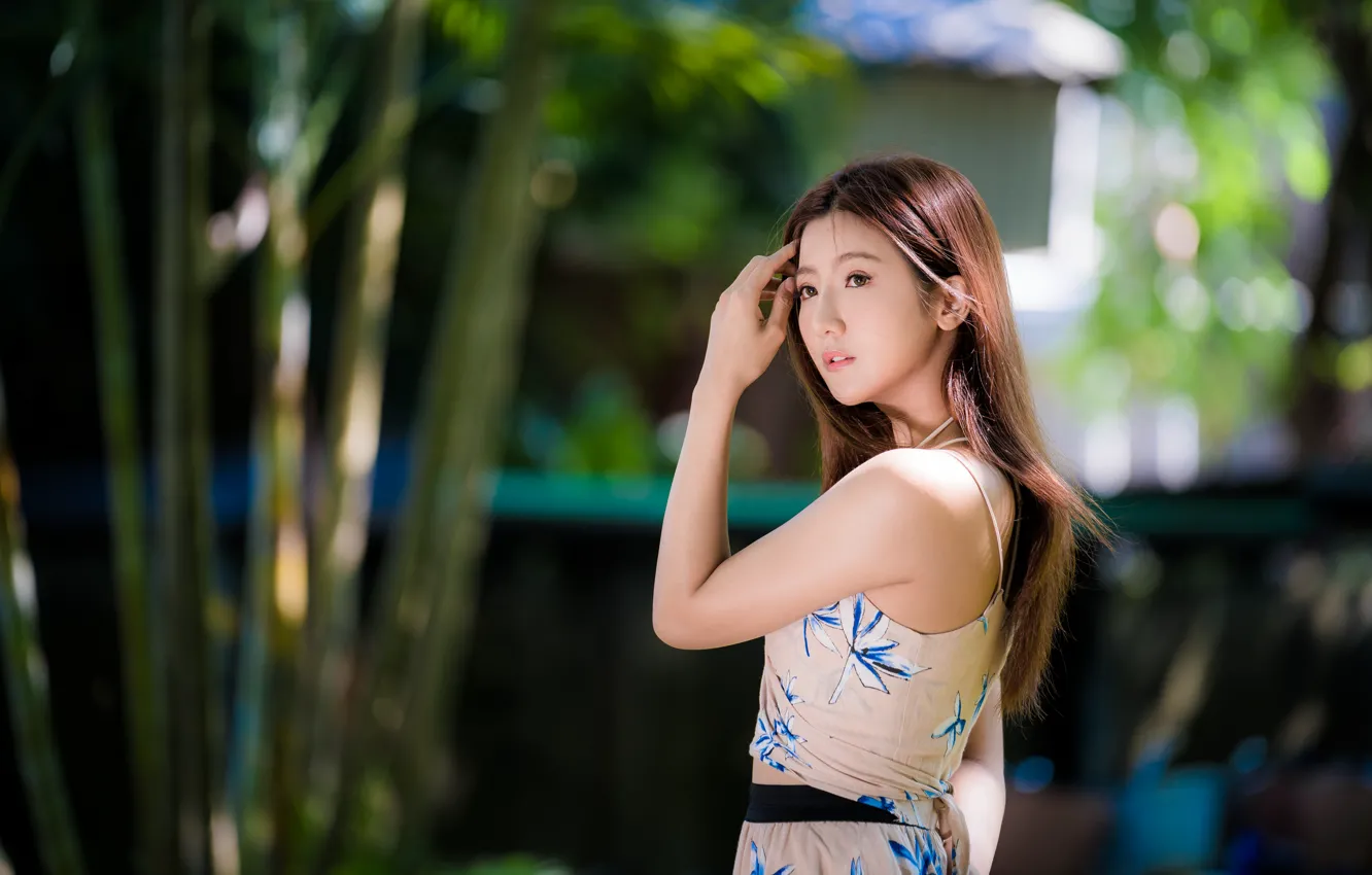 Photo wallpaper girl, pose, sweetheart, hair, Asian, bokeh