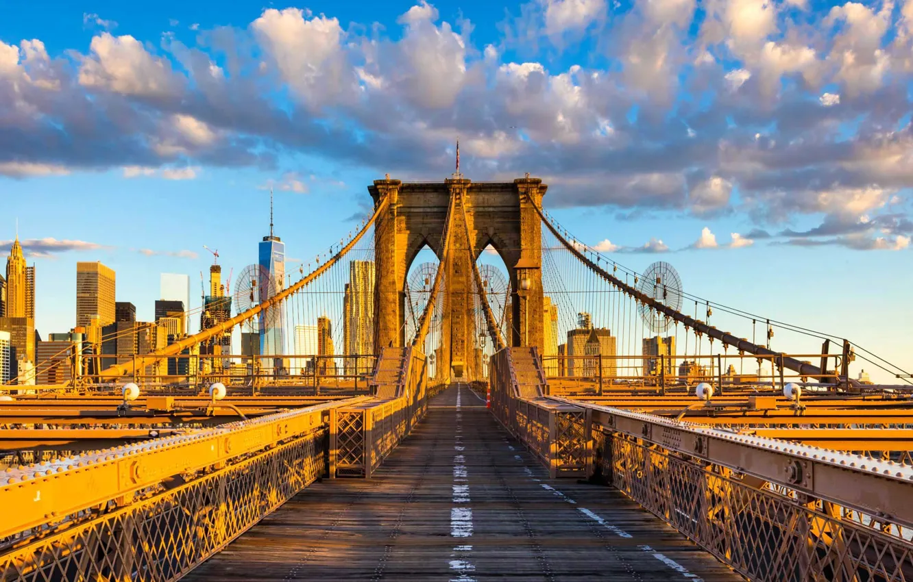 Photo wallpaper clouds, home, New York, support, USA, Brooklyn bridge