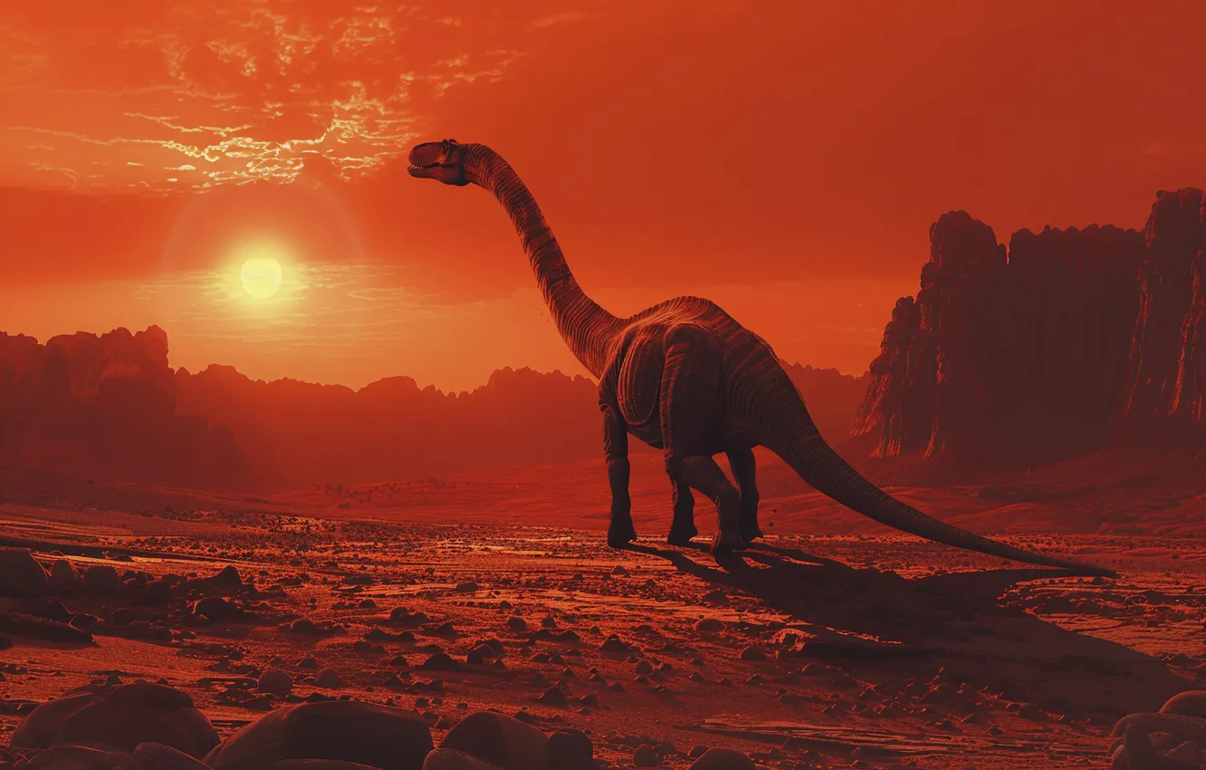 Photo wallpaper mountains, animal, dawn, desert, dinosaur, digital art, Ancient animals, Extinct animals