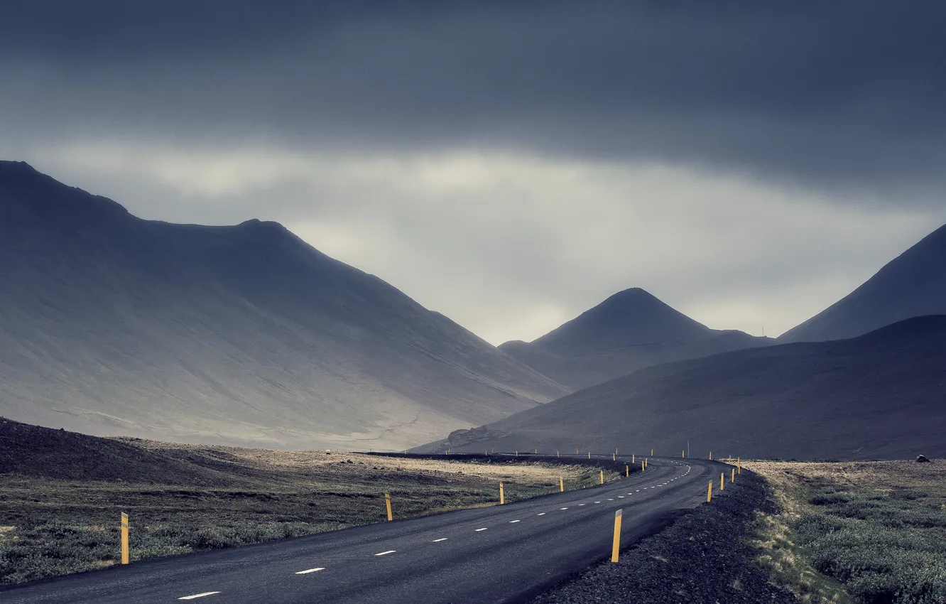Photo wallpaper road, the storm, field, mountains, gray clouds