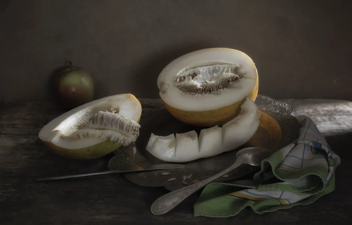 Photo wallpaper table, apples, towel, spoon, knife, still life, slices, melon