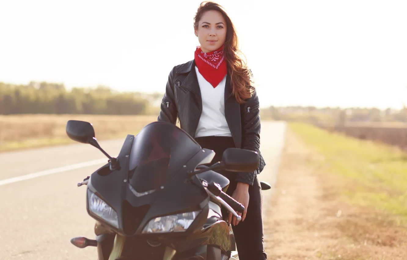 Photo wallpaper black, leather, motocross, female, dressed, Racer