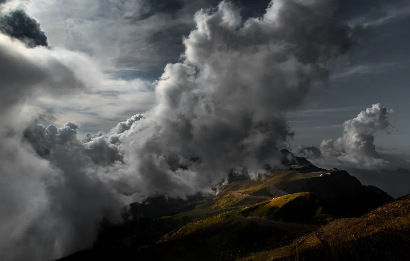 Photo wallpaper clouds, mountains, fog
