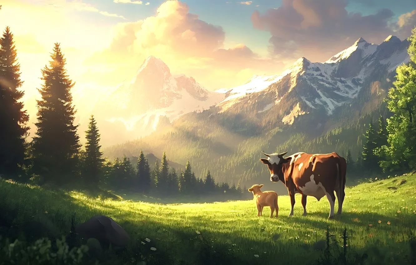 Photo wallpaper field, forest, summer, the sky, grass, the sun, clouds, rays