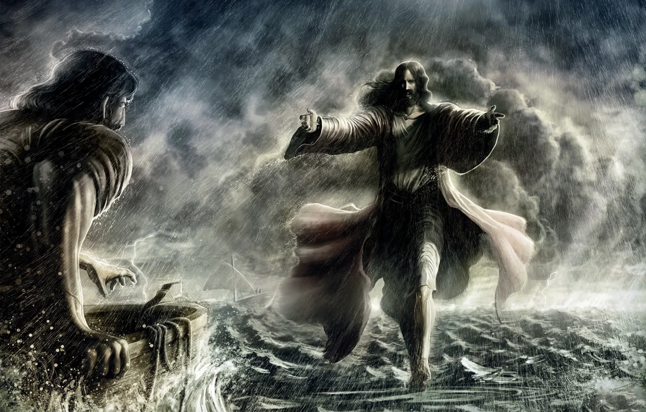 Photo wallpaper sea, storm, people, rain, Jesus, religion