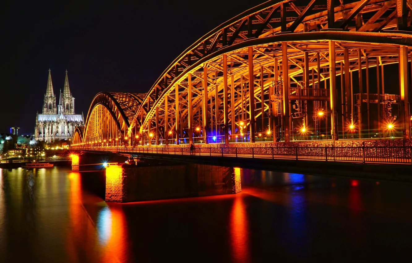 Photo wallpaper night, bridge, river, Germany, Germany, Cologne, Cologne, his night-glow of the city