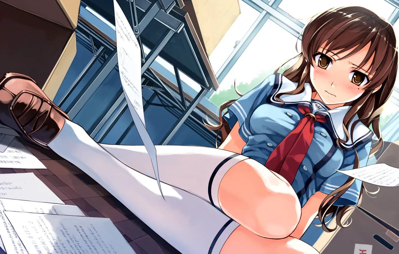 Photo wallpaper The wind, Schoolgirl, School, Leaves, Moe, Blue Sky, Desks