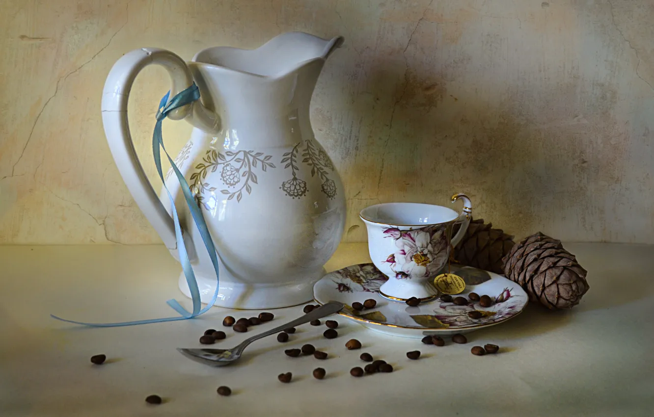 Photo wallpaper table, coffee, spoon, Cup, pitcher, still life, bumps, items