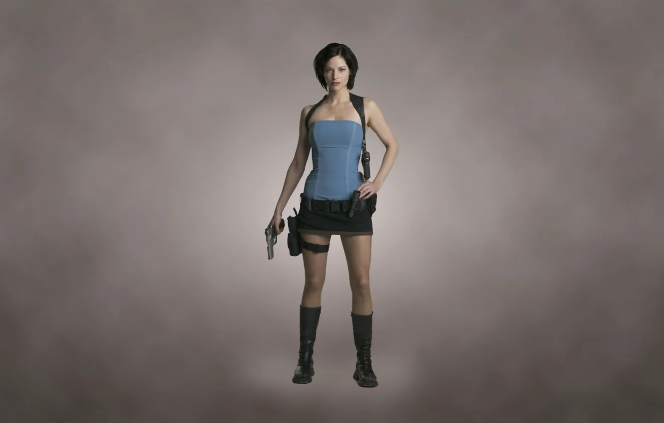 Photo wallpaper girl, gun, weapons, gun, Jill Valentine, dark background, Sienna Guillory, Resident Evil Apocalypse