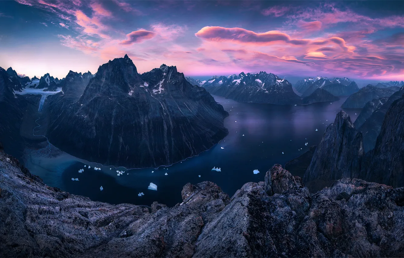 Photo wallpaper ice, clouds, sunset, mountains, river, tops, height, the evening