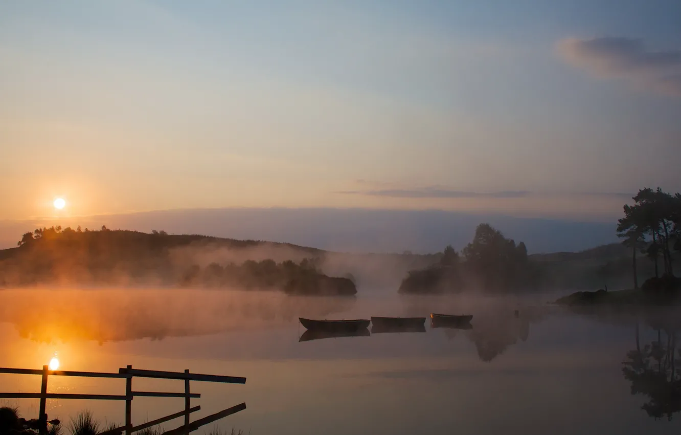 Photo wallpaper fog, lake, boats, morning