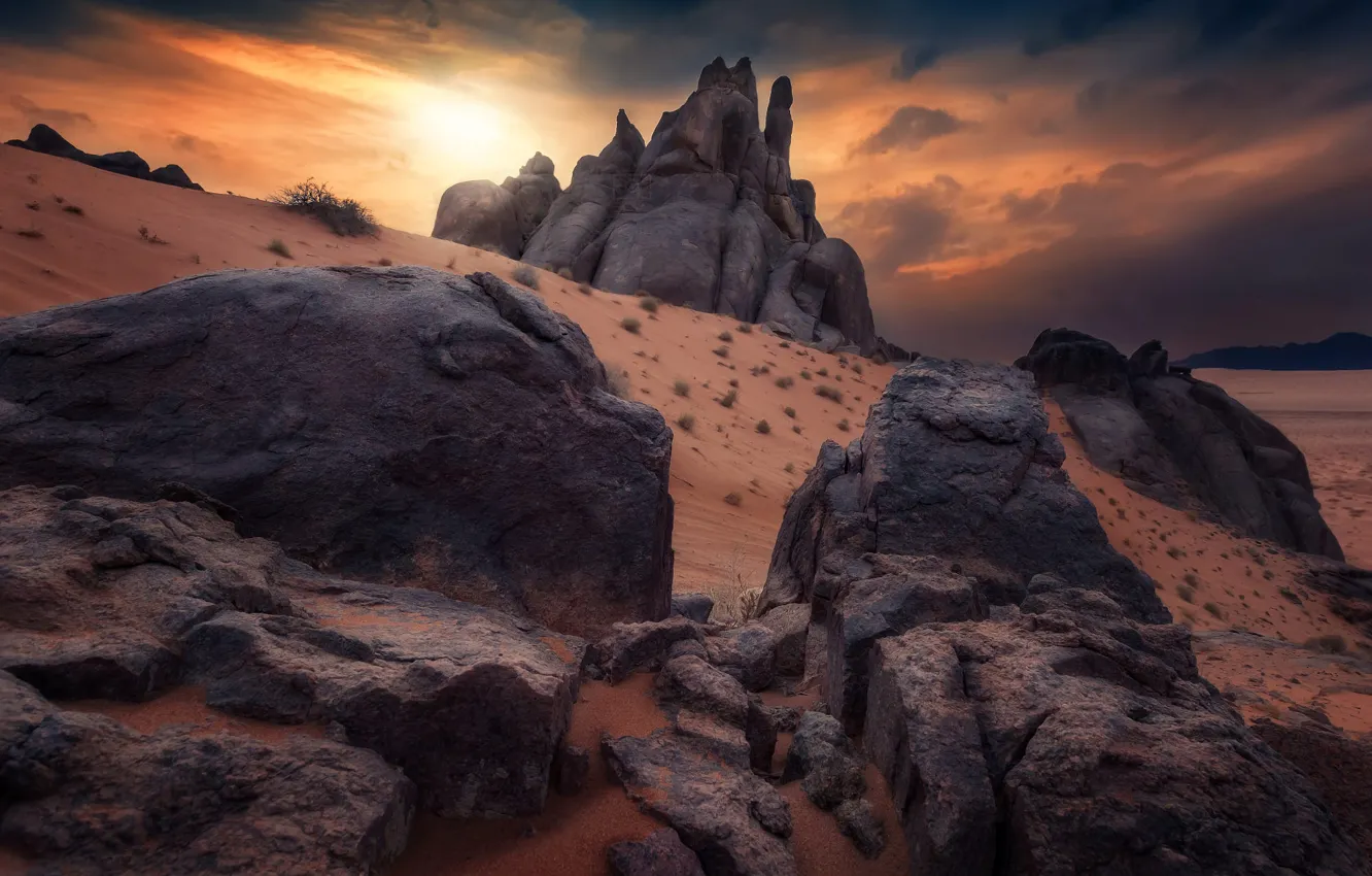 Photo wallpaper sunset, mountains, stones, rocks, desert