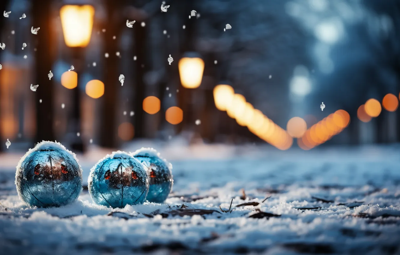 Photo wallpaper snow, decoration, night, balls, new year, Christmas, Christmas, balls