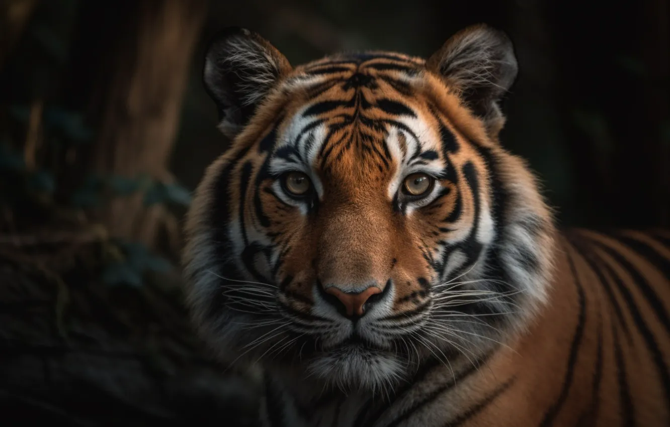 Photo wallpaper look, face, tiger, predator, big cat, digital art, AI art, The Art of Artificial Intelligence