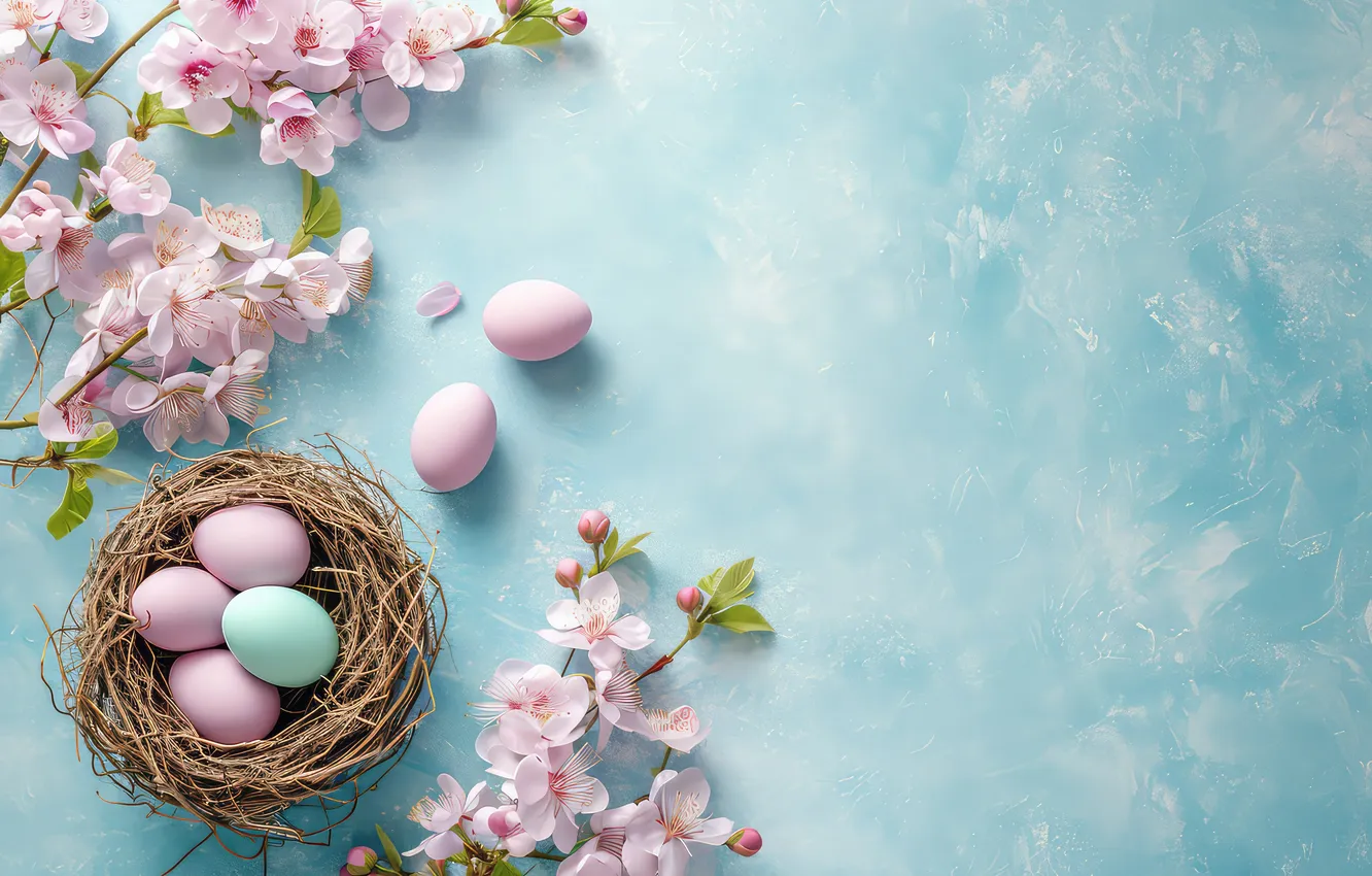 Photo wallpaper flowers, eggs, spring, colorful, Easter, pink, blossom, flowers