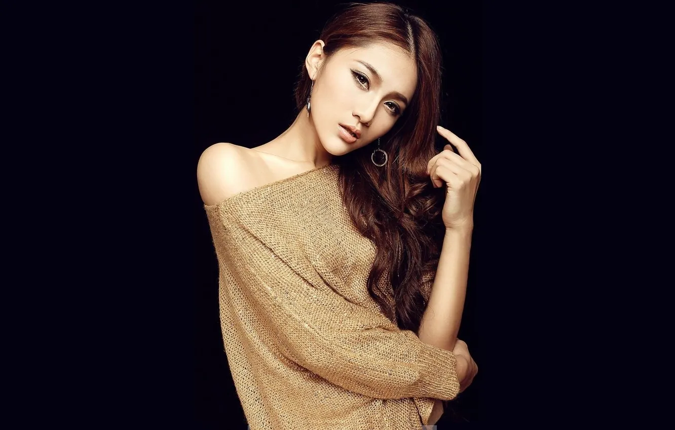 Photo wallpaper look, girl, pose, Asian, black background, jacket, Wang Xi Ran, binding