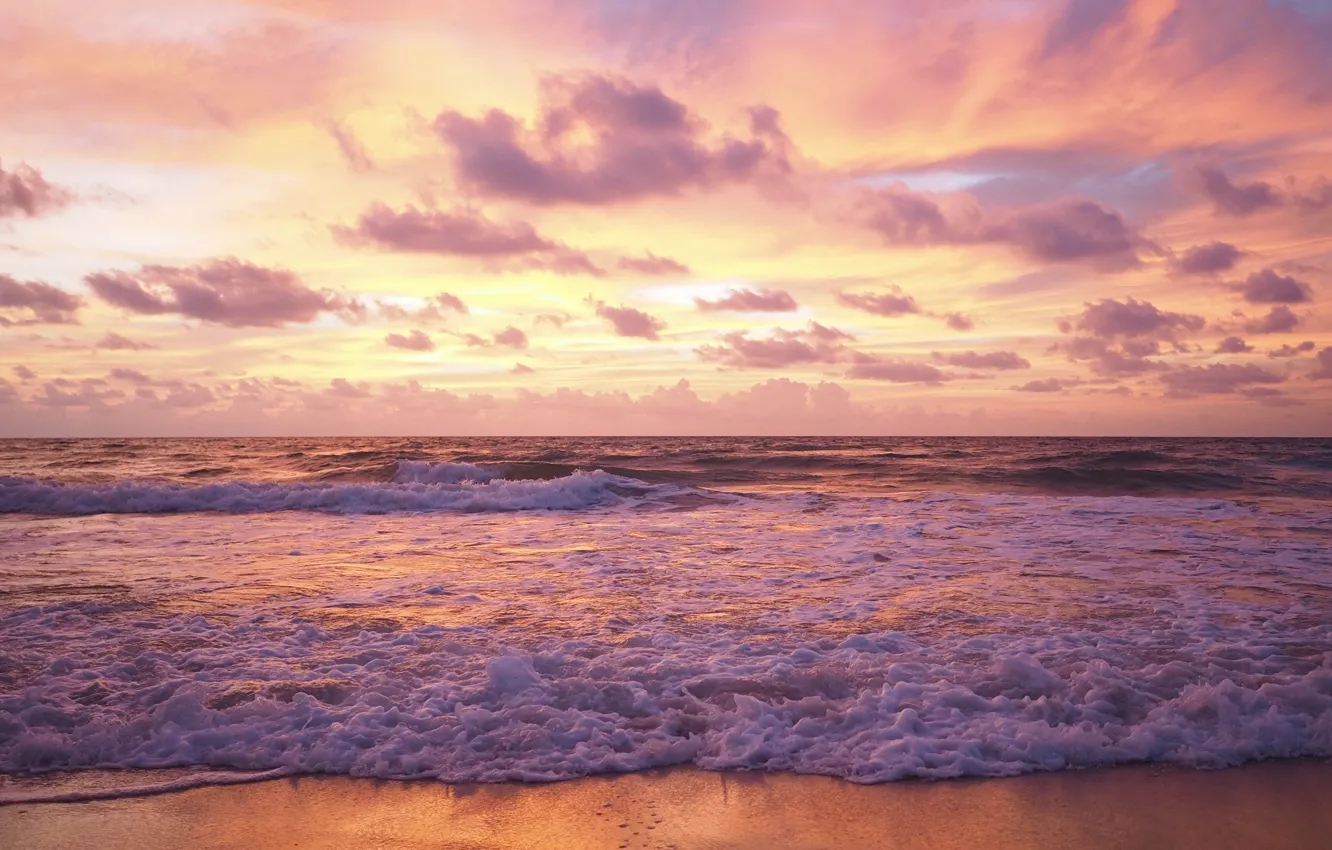 Photo wallpaper wave, purple, beach, sand, pink, sea, wave, sunset