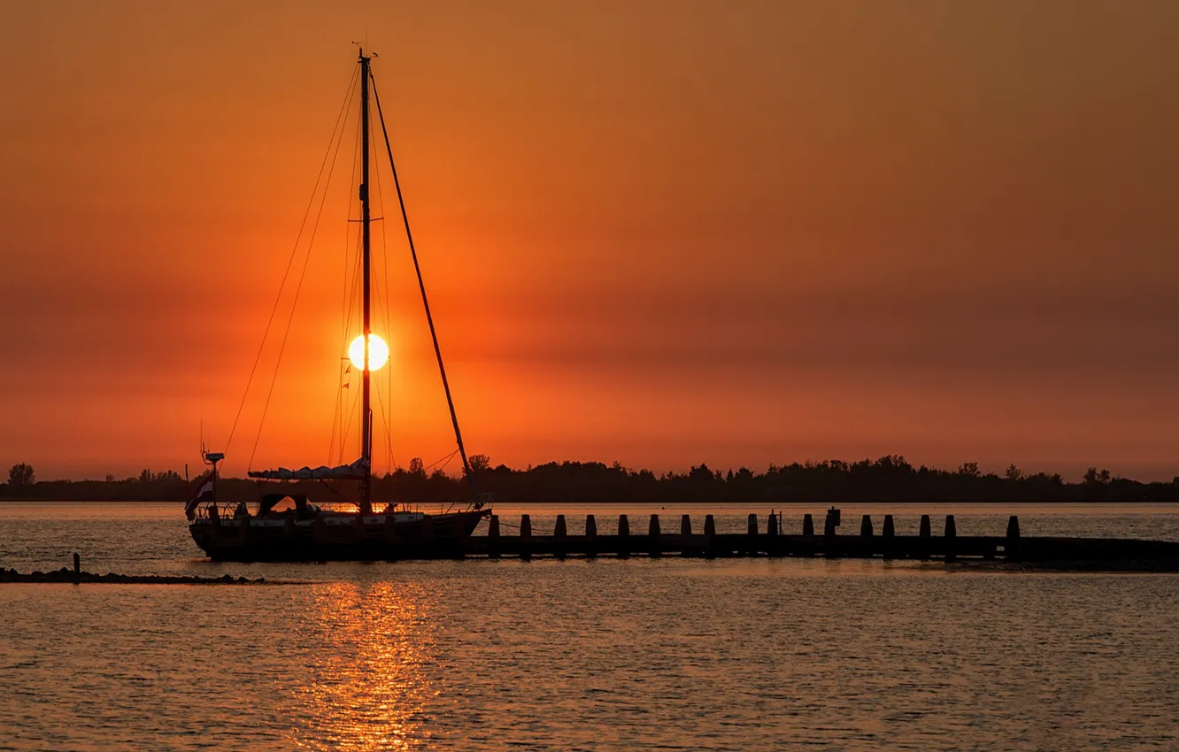 Photo wallpaper the sun, sunset, yacht