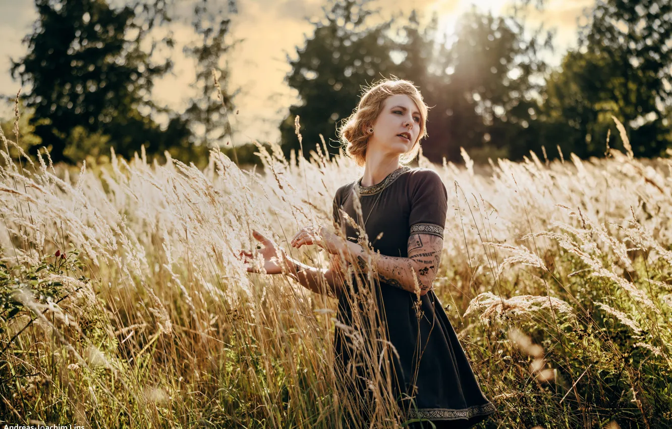 Photo wallpaper grass, girl, the sun, trees, nature, portrait, makeup, dress