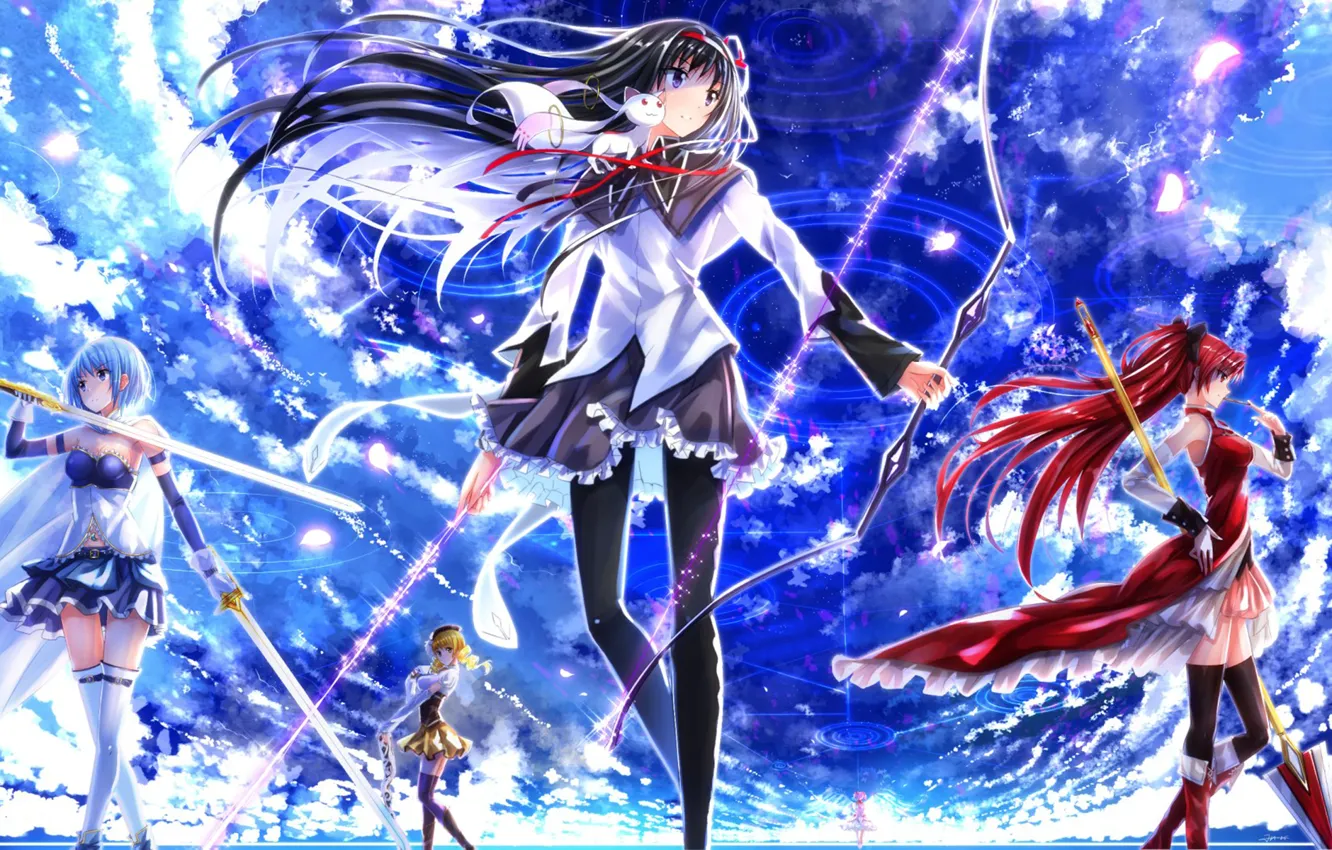 Photo wallpaper anime, mahou shoujo madoka magica, homura akemi, madoka kaname, sayaka miki, Tomoe Mami, Kyubey.