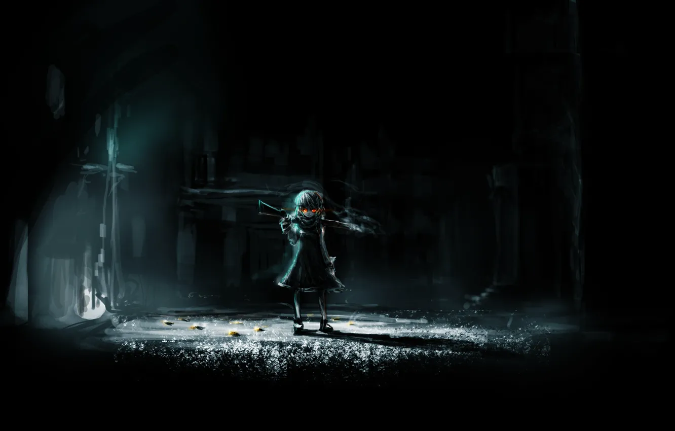 Photo wallpaper look, darkness, weapons, street, the darkness, girl, lantern, art