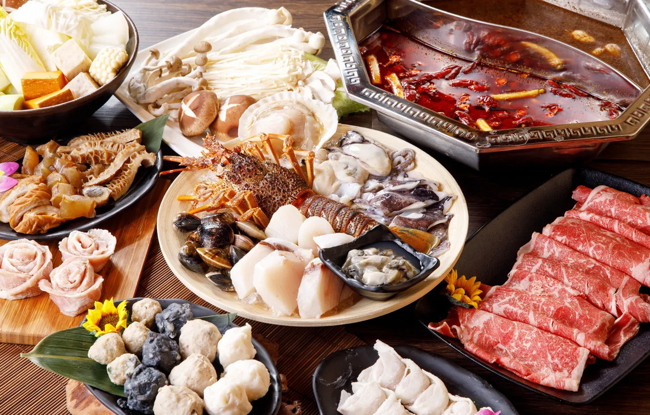 Photo wallpaper mushrooms, meat, seafood, meals, cuts, shellfish
