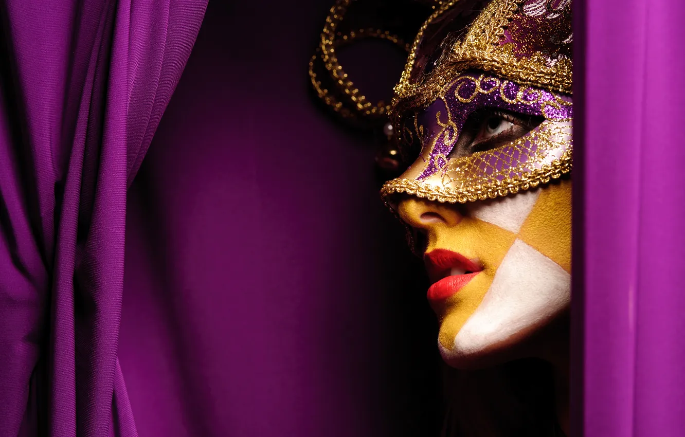 Photo wallpaper girl, mask, purple, curtains, makeup, Drapes, the scenes