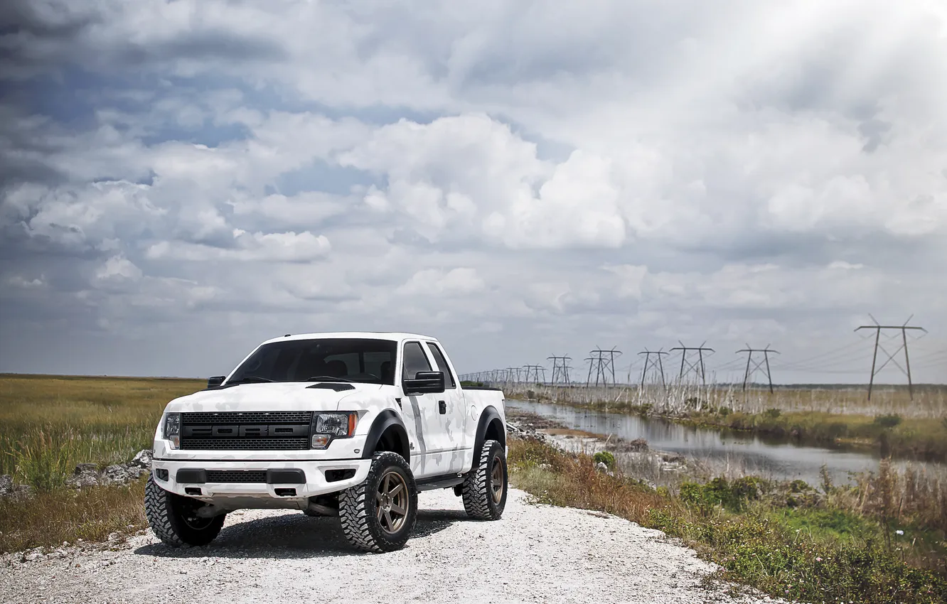 Photo wallpaper white, the sky, clouds, Ford, white, river, Ford, Raptor