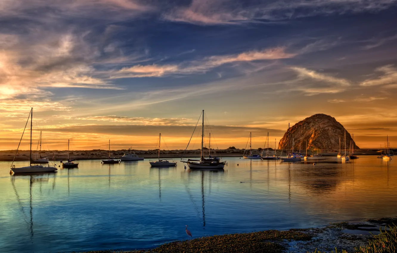 Photo wallpaper water, landscape, sunset, the ocean, boat