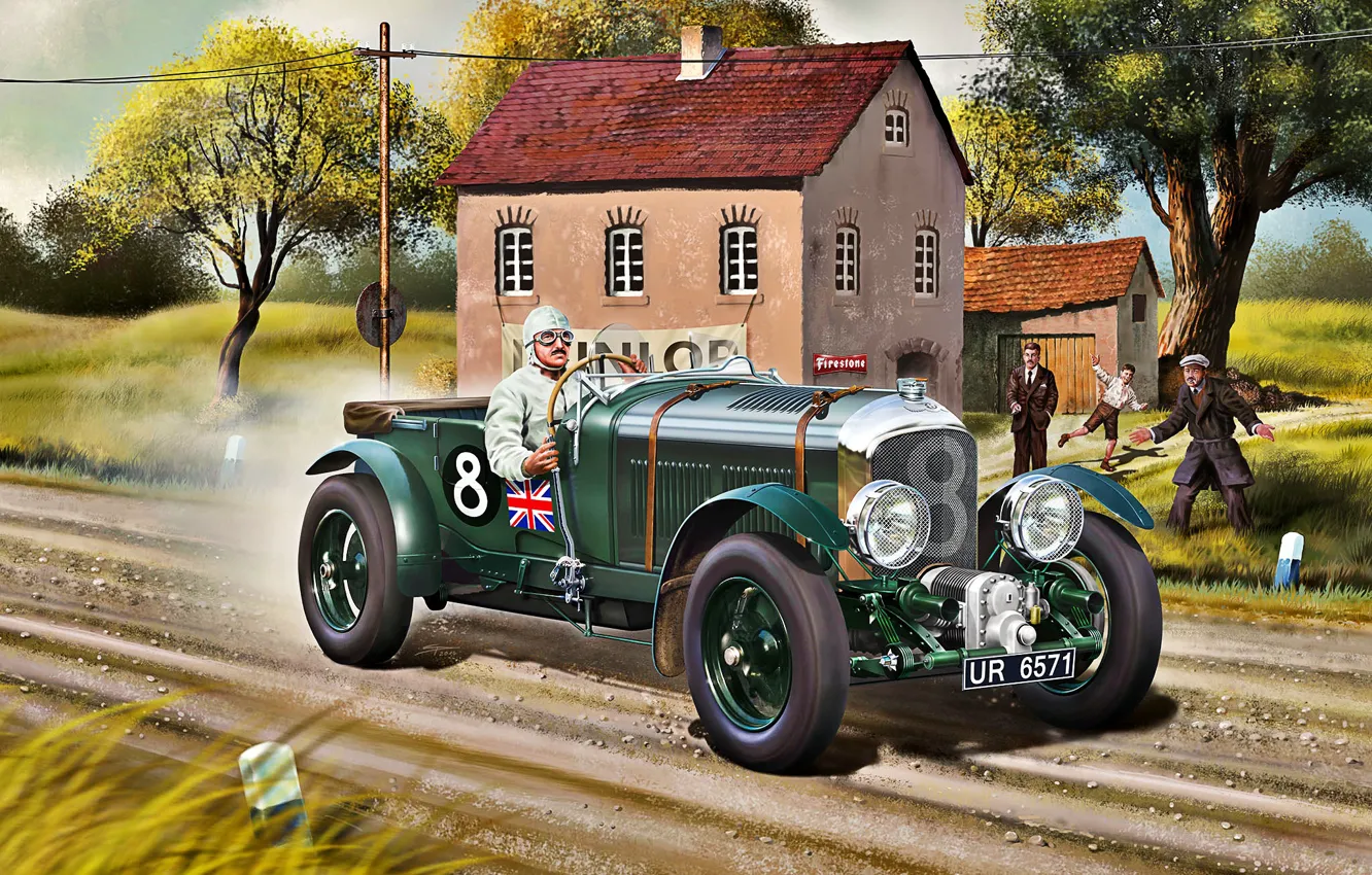 Photo wallpaper road, grass, trees, house, Bentley, Driver, Blower, race car