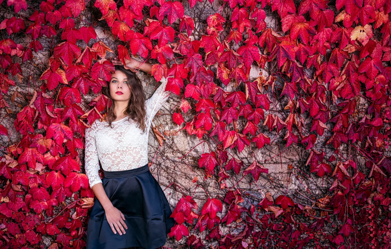 Photo wallpaper look, leaves, girl, model, hair, Cathy