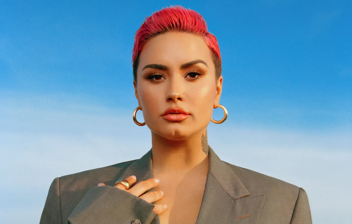 Photo wallpaper tattoo, ring, manicure, Demi Lovato, portrait, jacket, makeup, earrings