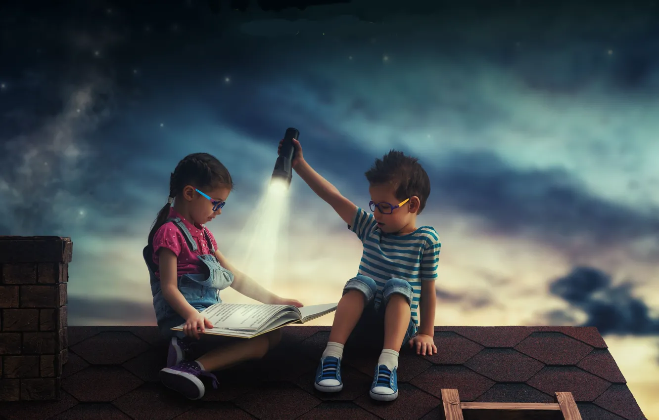 Photo wallpaper Boy, Book, Children, Light, Lantern, Girl, Roof, Two