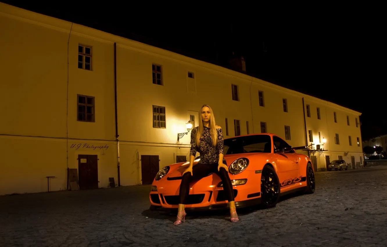 Photo wallpaper look, girl, Girls, Porsche, hairstyle, orange car