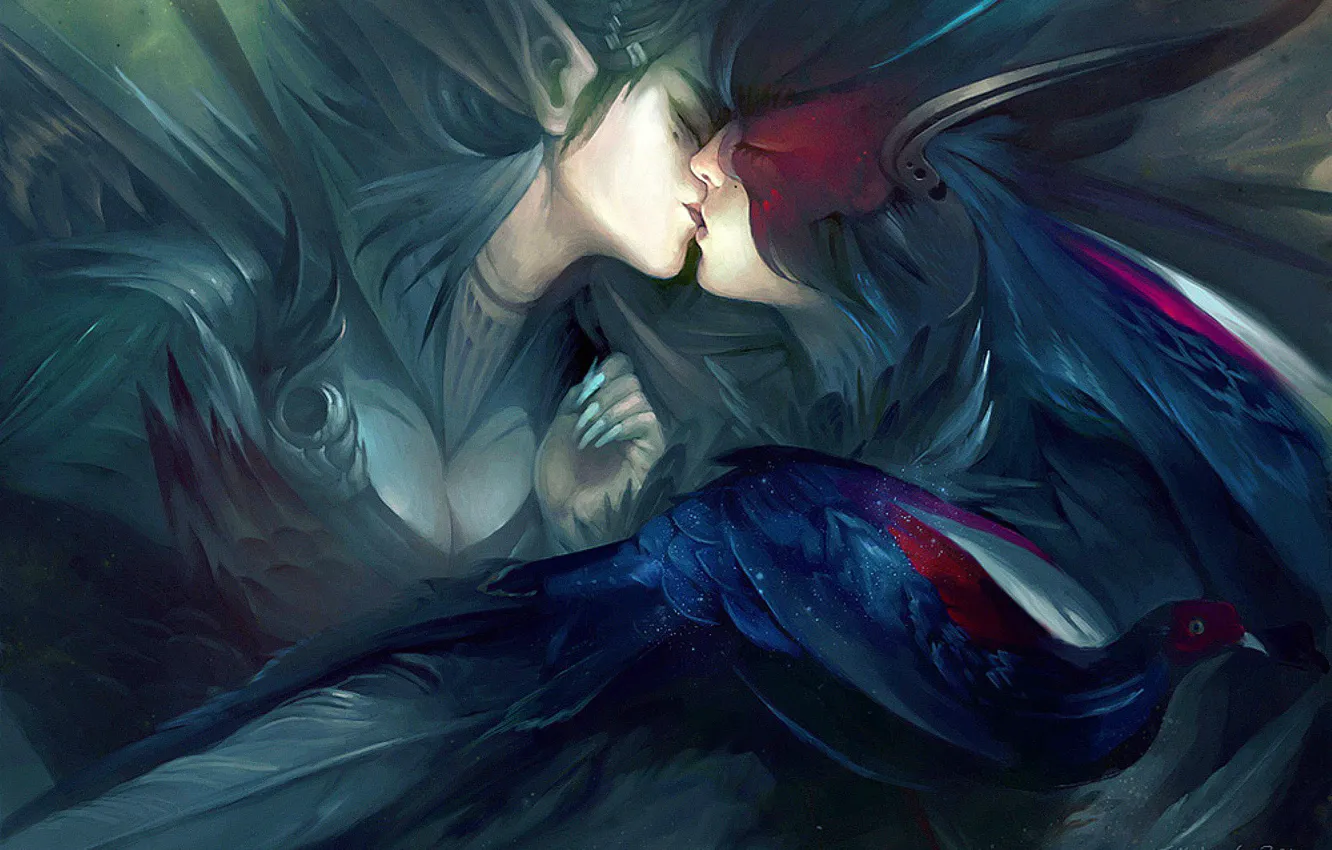 Photo wallpaper kiss, feathers, mask, elves, peacock
