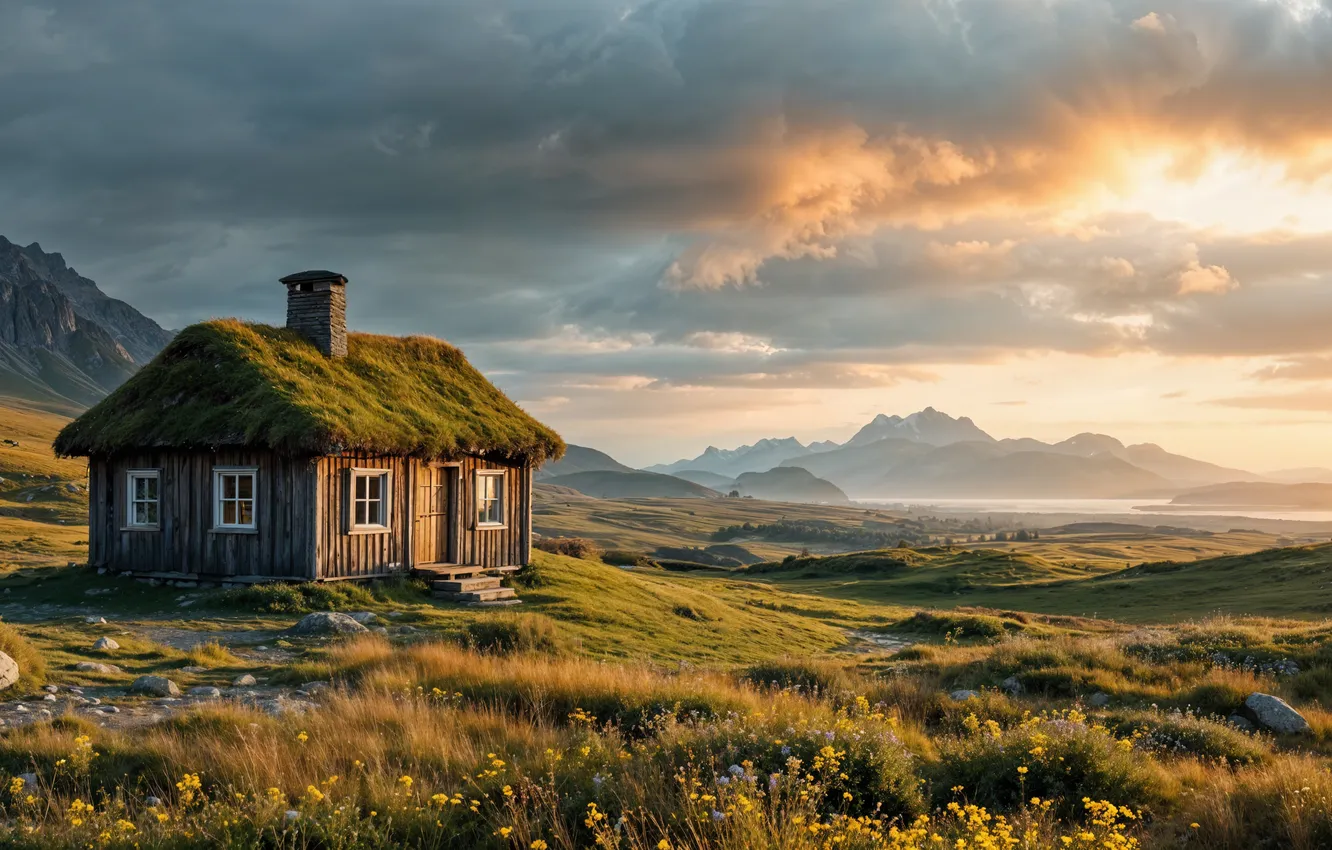 Photo wallpaper the sky, mountains, clouds, nature, home, meadow, hut, landscape