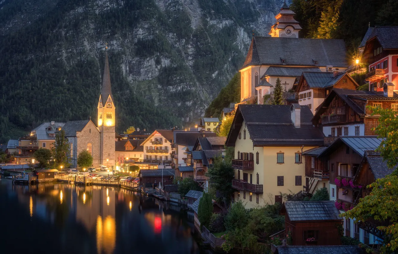 Photo wallpaper lake, building, home, the evening, Austria, Church, Austria, Hallstatt