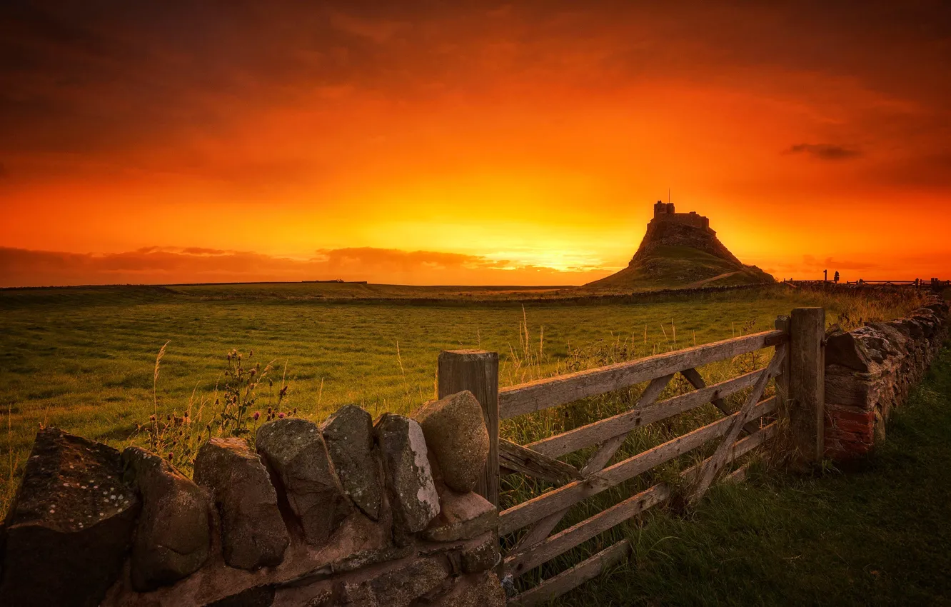 Photo wallpaper mountains, rocks, the fence, England, gate, glow, Lindisfarne, Holy Island