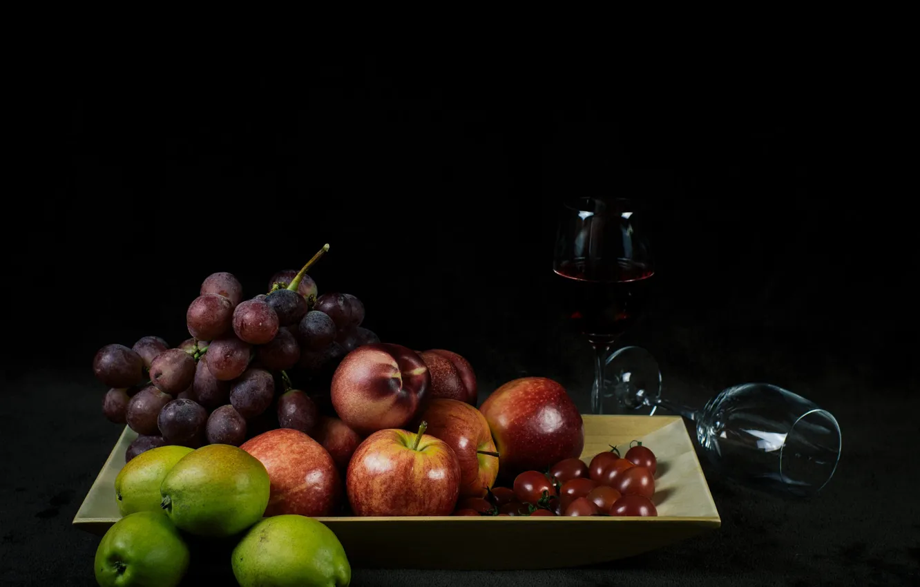 Photo wallpaper the dark background, wine, apples, glass, grapes, fruit, black background, still life