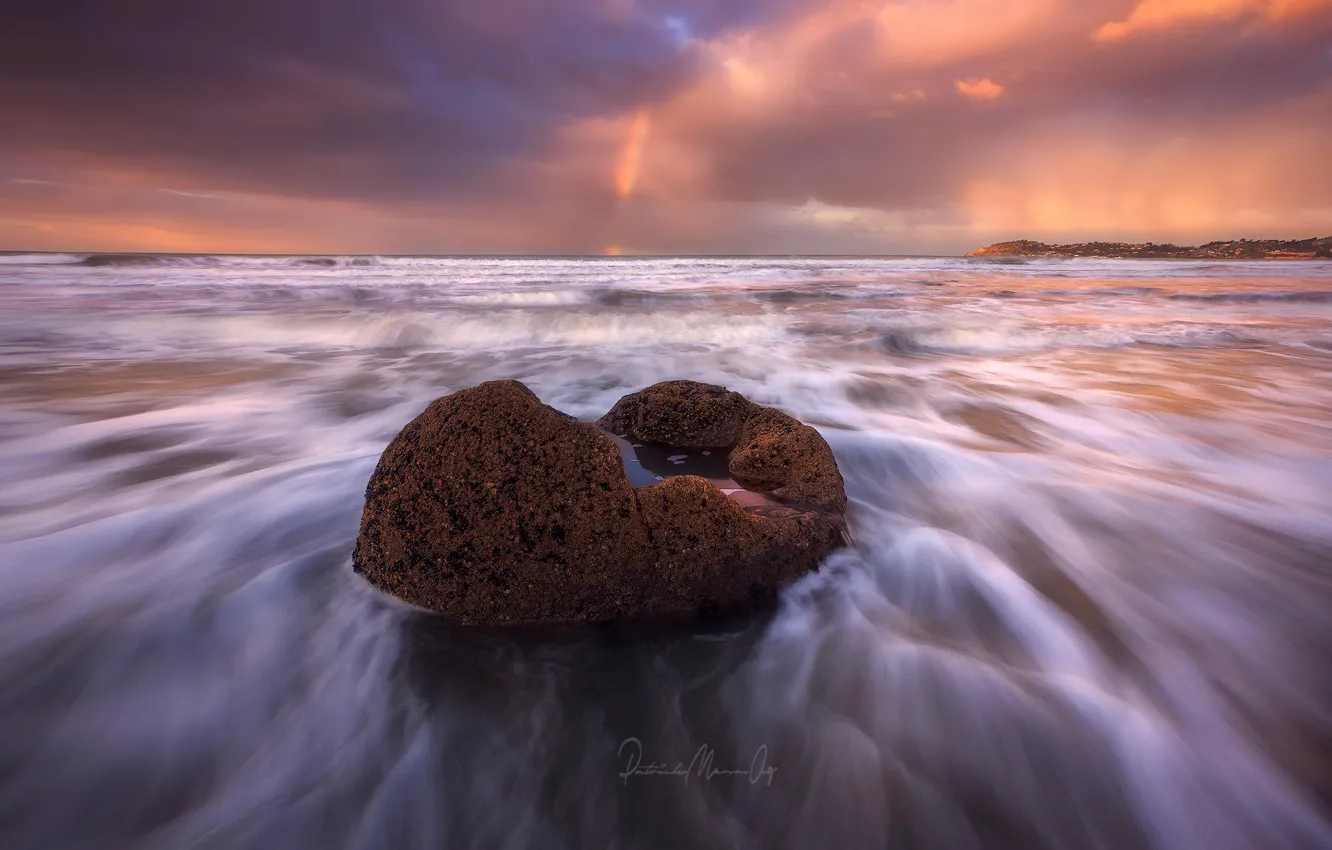 Photo wallpaper sea, wave, the sky, water, light, nature, stones, rainbow