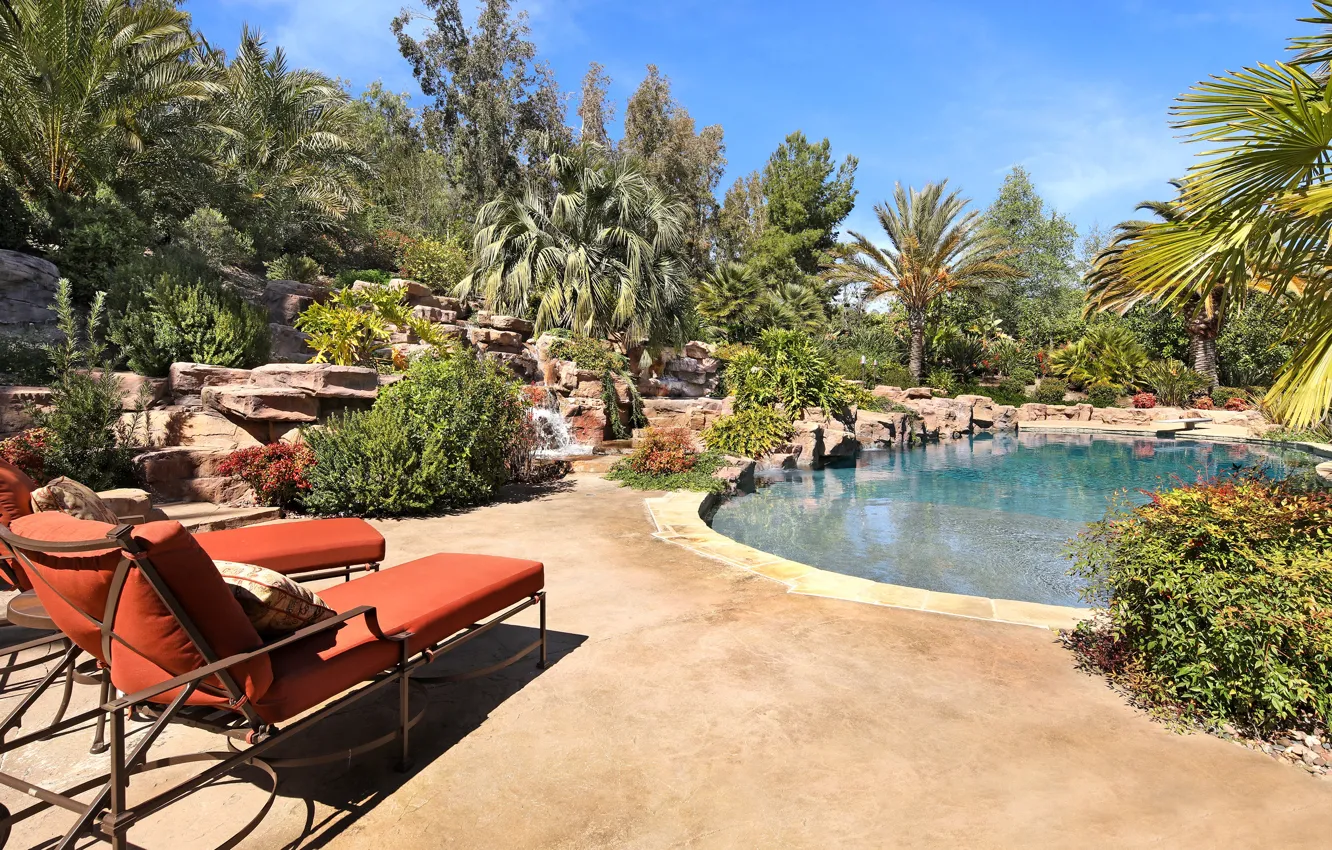 Photo wallpaper greens, the sun, trees, stones, palm trees, stay, pool, garden