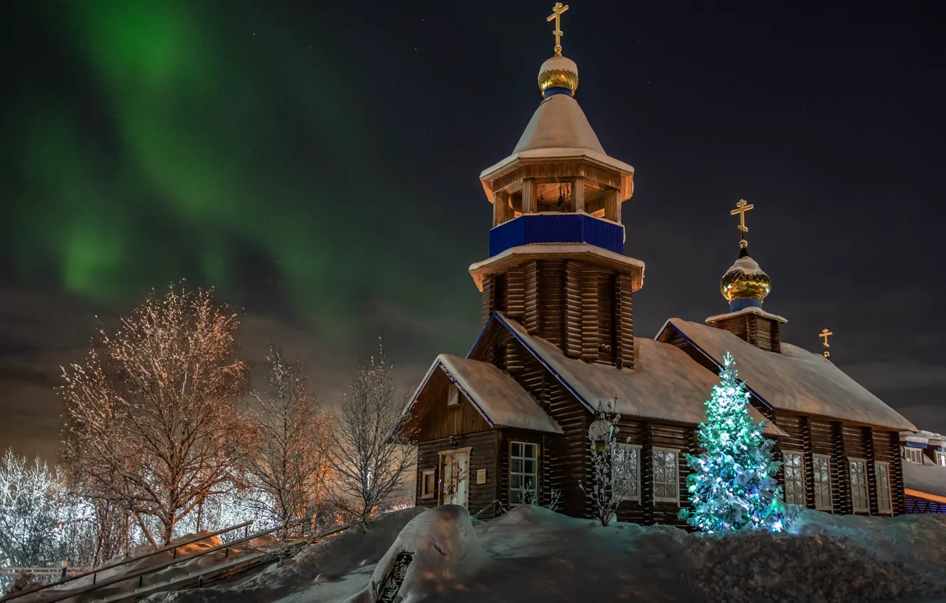 Photo wallpaper winter, snow, landscape, holiday, tree, new year, Christmas, Church