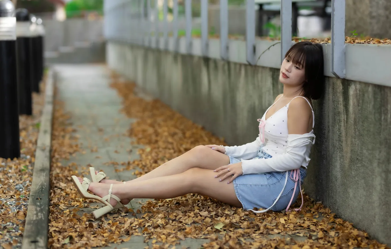 Photo wallpaper leaves, feet, skirt, Mike, Asian, sitting