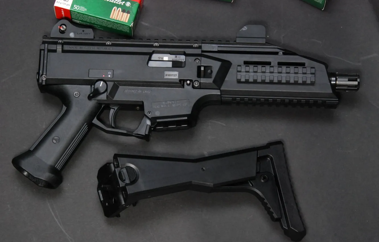 Photo wallpaper gun, weapon, Skorpion EVO III A1-00, outstanding stock, 9x21, materia war, ammo box, military use