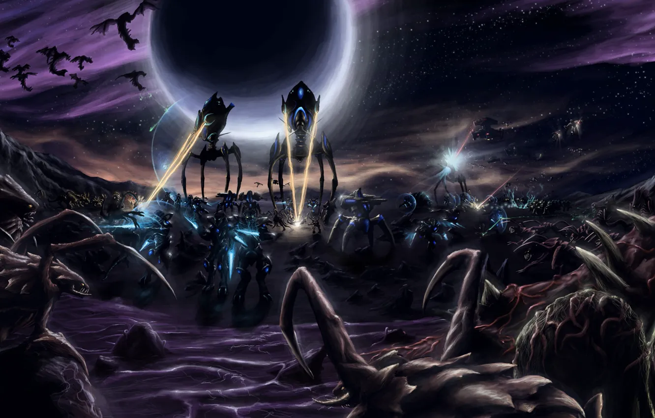 Photo wallpaper war, laser, starcraft 2, Zerg, Templar, protos